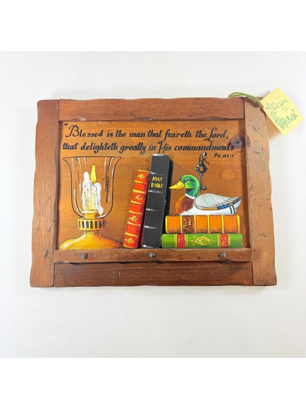 J. Weir Signed Wood 3D Wall Art Hand Painted Christian Folk Art Psalm 112-1